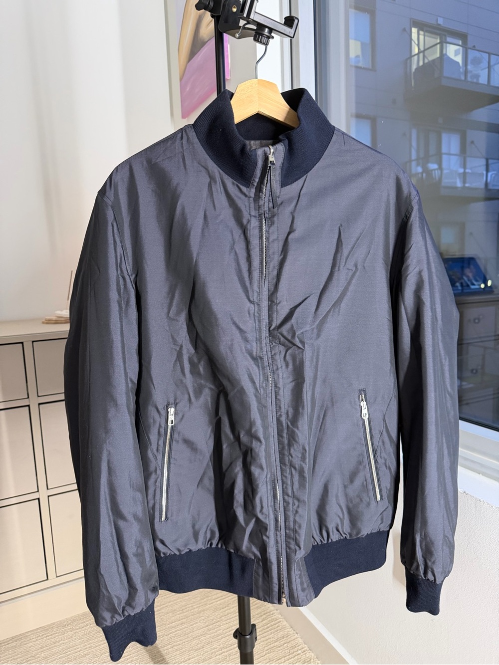 Men's Navy Bomber Jacket with Ribbed Trim